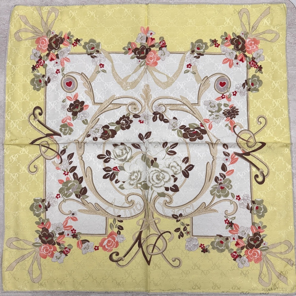 Nina Ricci Yellow Floral Silk Scarf with Pink and Olive Accents 22 x 22 inches